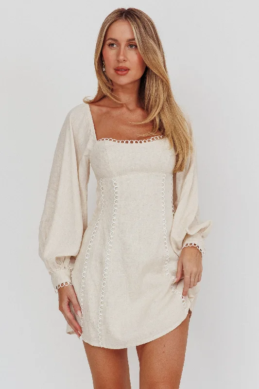 Women's High-neck Mini Dress-Chamberlain Balloon Sleeves Mini Dress Beige