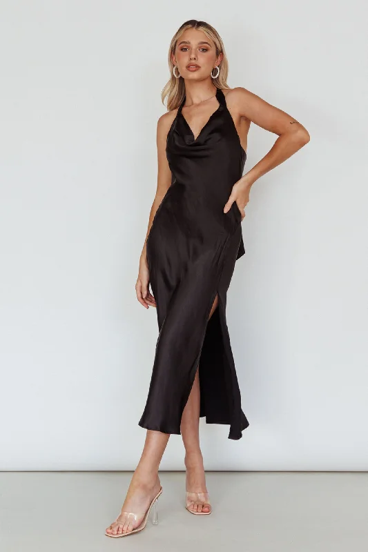 Satin Slip Dress with Lace -Sexy Off-shoulder Slip Dress -Champagne Showers Halterneck Slip Midi Dress Black