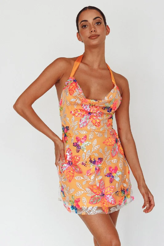 Slip Dress with Draped Back -Women's Red Satin Slip Dress for Event -Champagne Showers Halterneck Slip Mini Dress Sequin Floral Orange