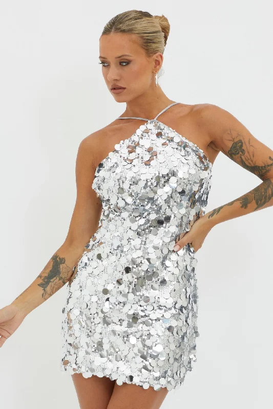 Women's Fitted Long Sleeve Mini Dress-Champagne Twist Sequin Mini Dress Silver