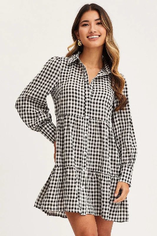 Dressy Shirt Dress-Check Shirt Dress Long Sleeve Button Front
