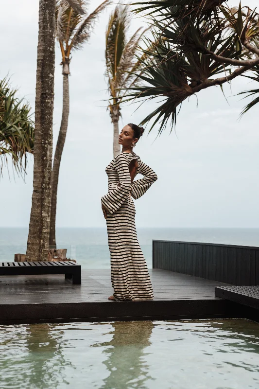 Women's Long Sleeve Wrap Maxi Dress-Cherie Knit Maxi Dress - Sand Black