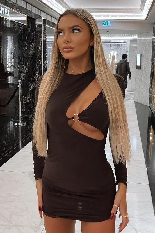 Women's Elegant Mini Dress-Chocolate Ring Front Mini Dress - Keilani