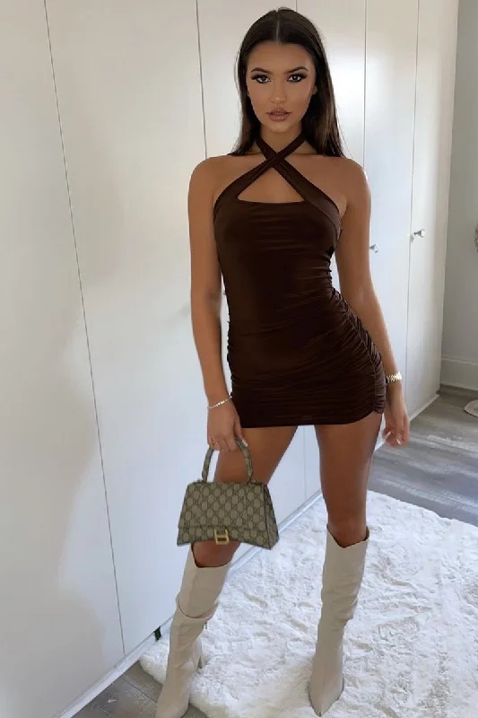 Women's A-line Frill Mini Dress-Chocolate Slinky Side Ruched Halter Neck Mini Dress - Azela