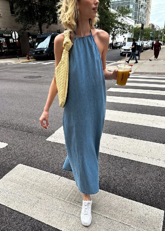 Women's Floral Maxi Dress-Christine Washed Denim Maxi Dress - Denim