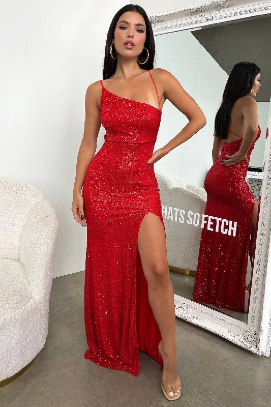 Women's Flowy Maxi Dress-Ciara Maxi Dress - Red Sequin