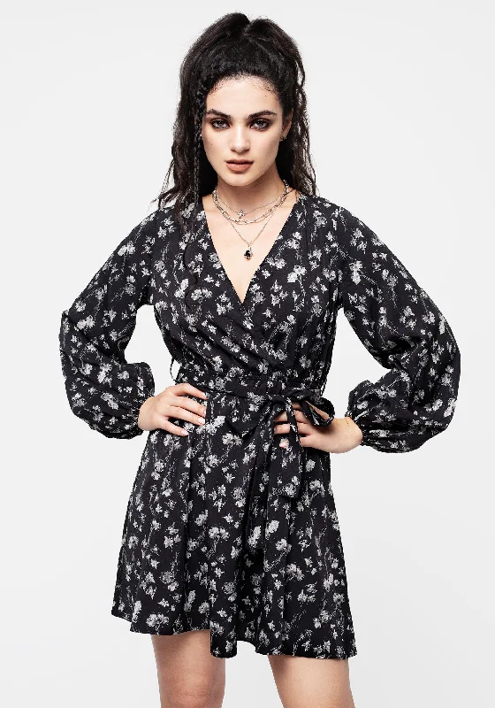 Women's Keyhole Mini Dress-Claricia Long Sleeved Floral Faux Wrap Mini Dress