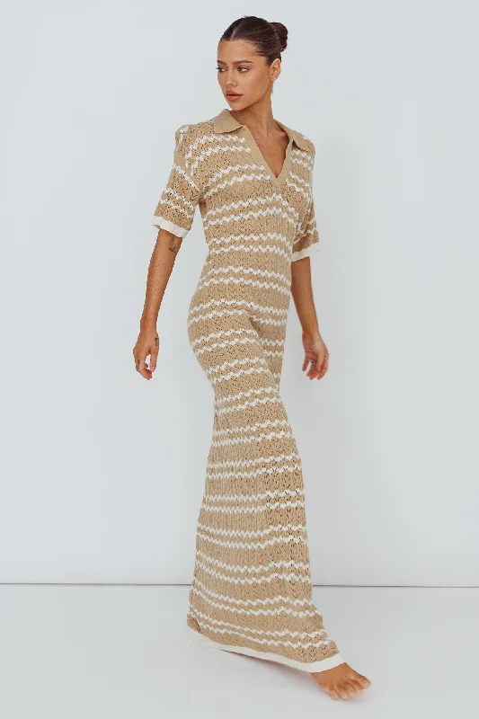 Women's Modest Maxi Dress-Clearwater Crochet Short Sleeve Maxi Dress Beige/White