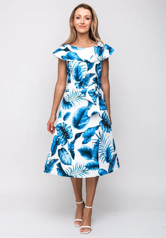 Doll Dress with Lace Bodice -Coco Doll Nala Leaf Print Flared Dress, White & Blue