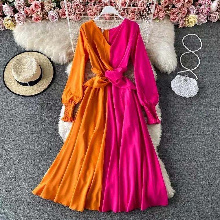 Women's Vintage Maxi Dress-Colour Block Maxi Dress