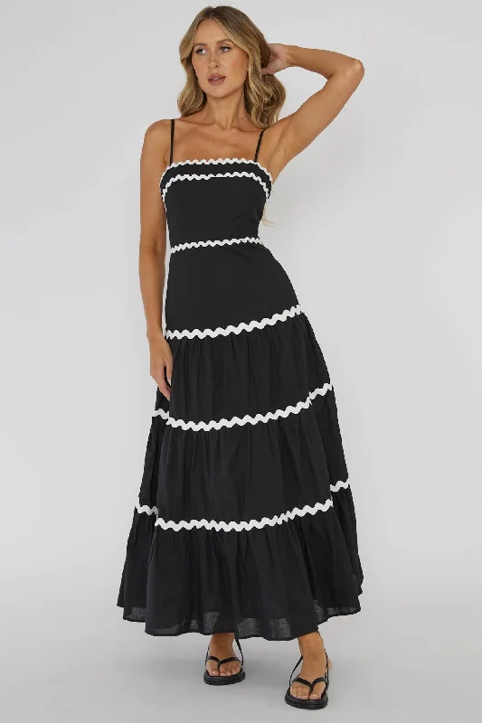 Women's V-neck Ruffle Maxi Dress-Confidante Ric Rac Trim Maxi Dress Black