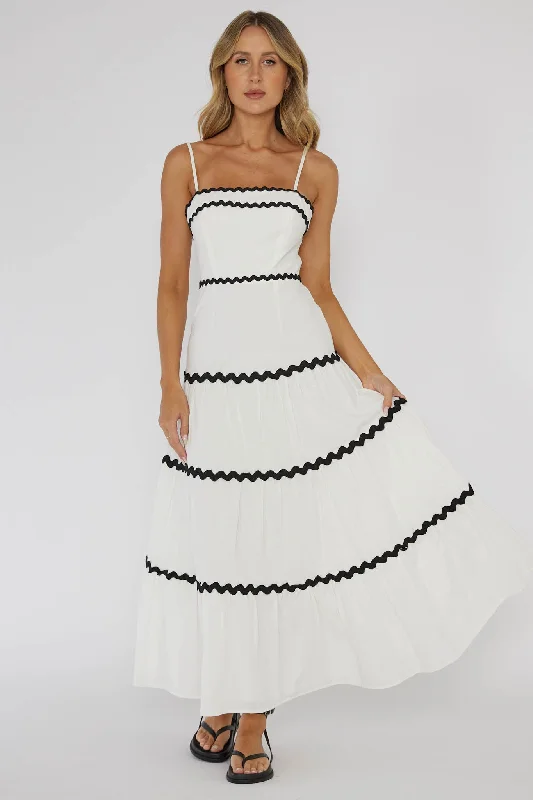 Women's Loose Maxi Dress-Confidante Ric Rac Trim Maxi Dress White