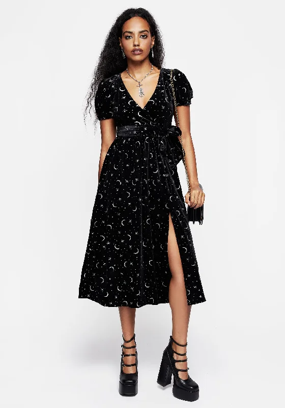 Wrap Dress with Modern Silhouette -Wrap Dress with Pleats -Constellation Glitter Print Velour Midi Wrap Dress Wrap Dress with Modern Silhouette -Wrap Dress with Pleats -Constellation Glitter Print Velour Midi Wrap Dress