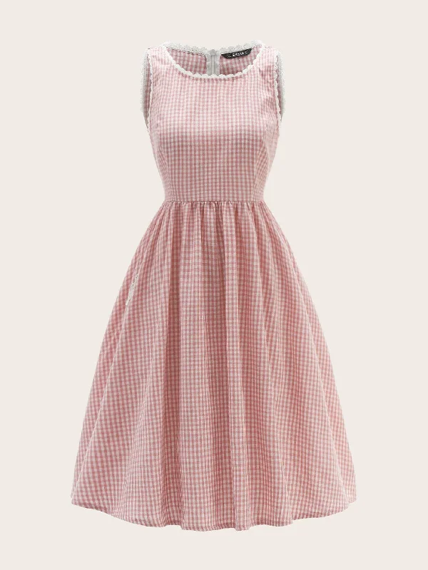 Floral Flare Dress -Contrast Lace Trim Gingham Fit & Flare Dress