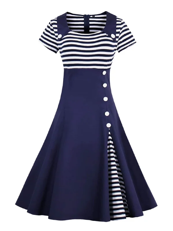 Floral Lace Flare Dress -Contrast Striped Button Detail Flare Dress