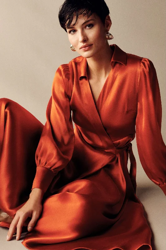 Trendy Women's Shirt Dress-Copper Orange Satin Shirt Dress