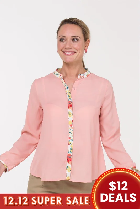 Women's Trendy Button-up Top -Blaise Mandarin Collar Top Pink