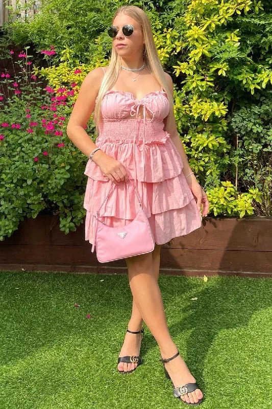 Women's Sheer Mini Dress-Pink Frill Detail Tiered Cut Out Mini Dress - Daneen