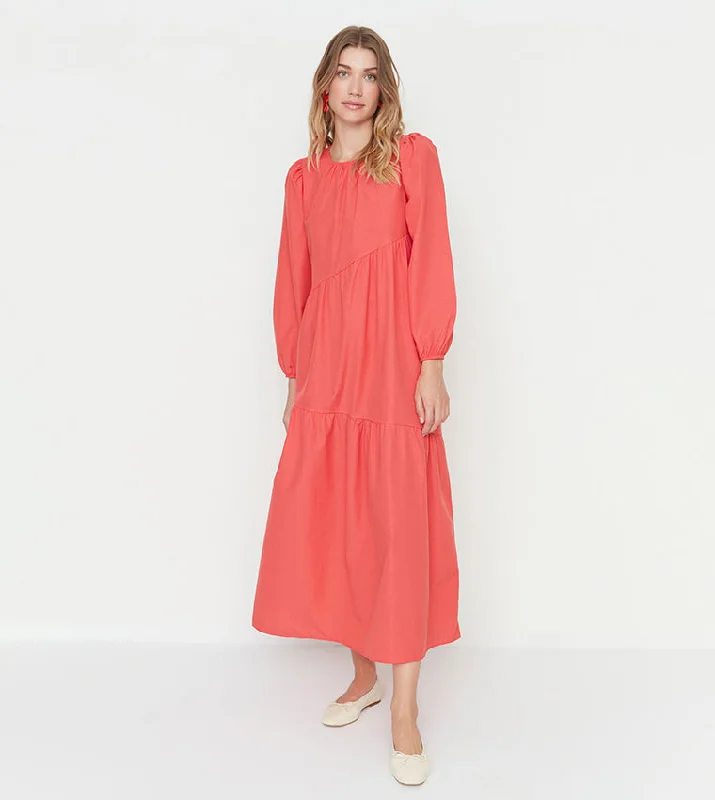 Women's Color-block Maxi Dress-Coral Woven Maxi Dress