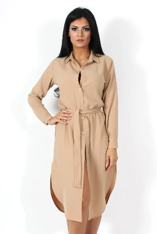Women's Casual Dress Shirt-Cori Camel Split Shirt Dress