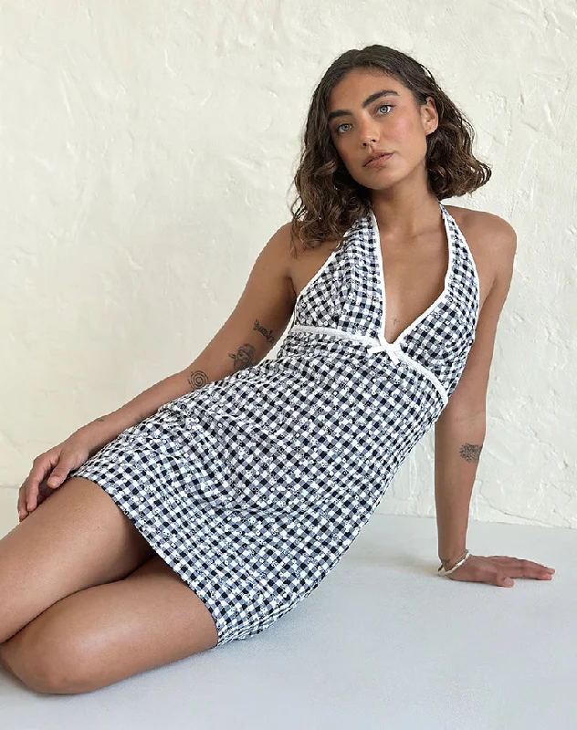 Women's Mesh Insert Mini Dress-Corla Mini Dress in Black Floral Gingham