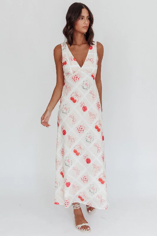 Women's Elastic Waist Maxi Dress-Coucou V-Neckline Maxi Dress Print Beige