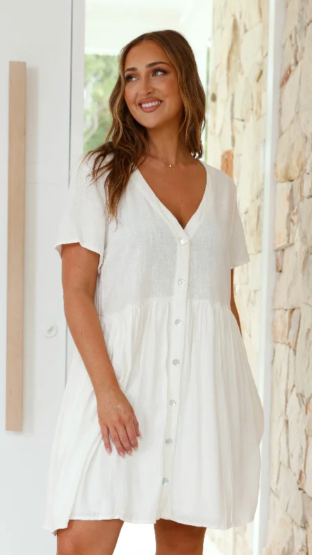 Women's Buttoned Back Mini Dress-Courtney Mini Dress - White
