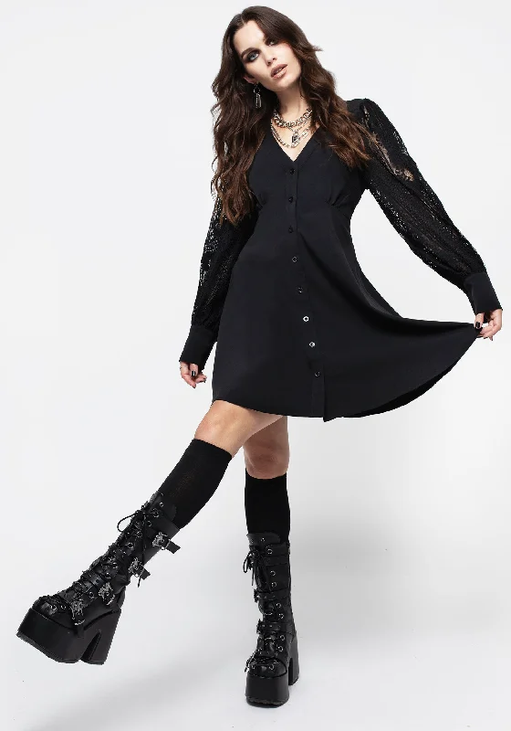 Women's Embellished Shoulder Mini Dress-Covenant Lace Sleeve Button Up Mini Dress