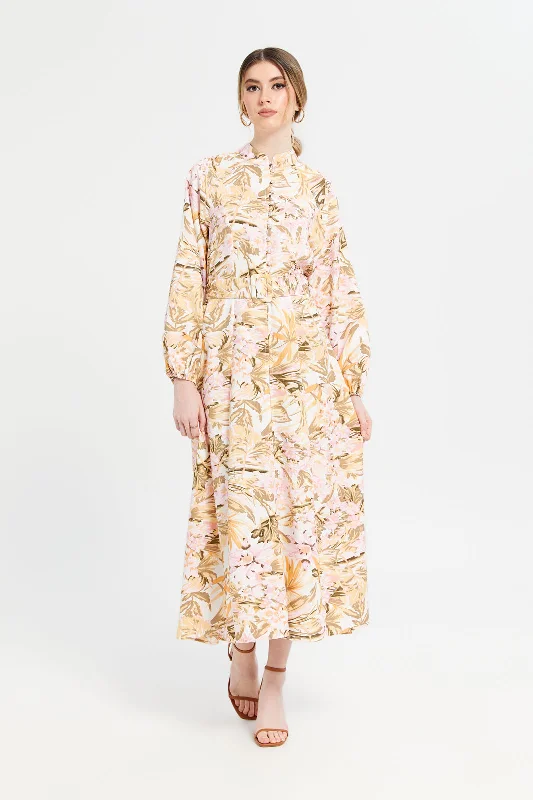 Women's Pleated V-neck Maxi Dress-Women Cream Printed Maxi Dress