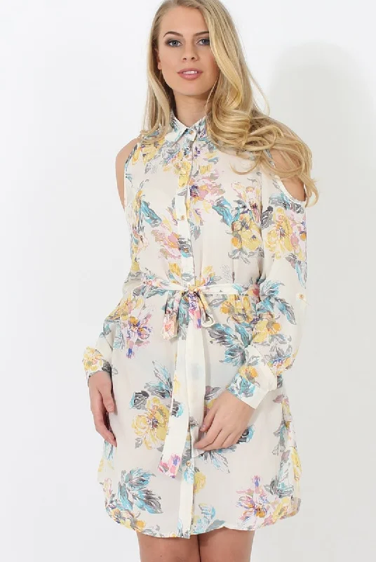 Stylish Long-sleeve Shirt Dress-Cream Floral Shirt Dress - Nicola