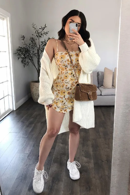 Women's Faux Suede Mini Dress-Cream Floral Wrap Front Mini Dress - Georgia