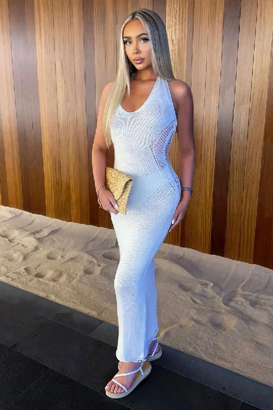 Women's High-neck Maxi Dress-Cream Knit Contour Halter Neck Maxi Dress - Katya