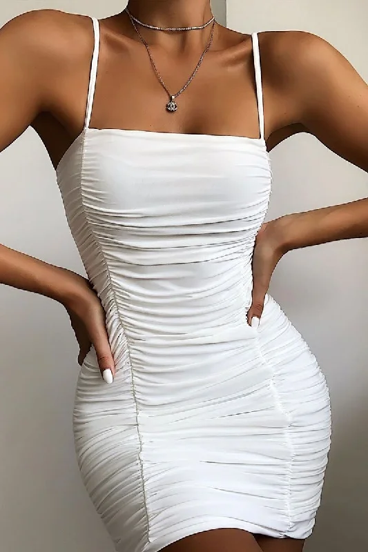 Bodycon Dress with Strap Detail -Cream Slinky Ruched Tie Strap Bodycon Dress - Caressa