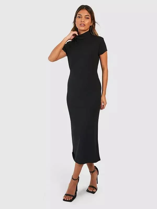 Women's Black Satin Bodycon Dress -Crepe High Neck Bodycon Midi Dress