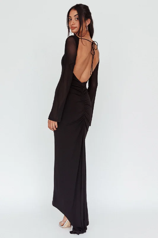 Women's Long Sleeve Wrap Maxi Dress-Crystal Ball Open Back Ruched Maxi Dress Black