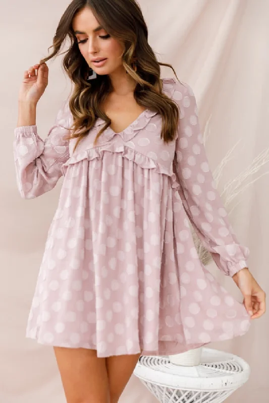 Doll Dress with Detachable Skirt -Cutie Pie Long Sleeve Babydoll Dress Mauve