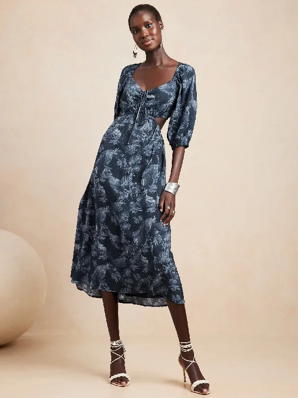 Women's Pleated Floral Maxi Dress-Cutout Maxi Dress