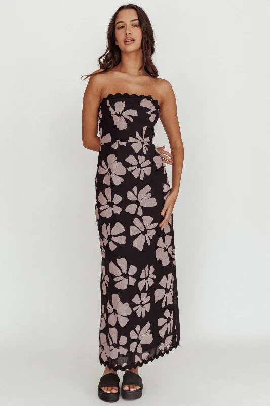 Women's Sweetheart Neck Maxi Dress-Cypress Floral Strapless Maxi Dress Black