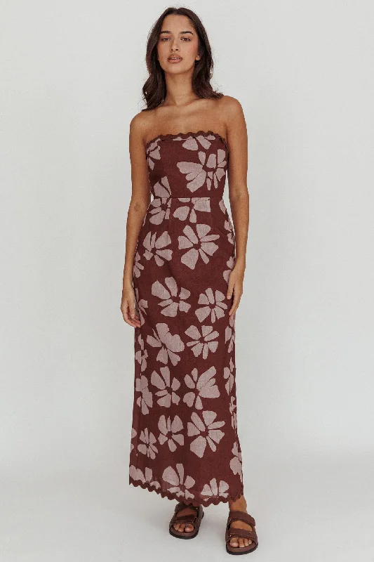 Women's Strappy Halter Maxi Dress-Cypress Floral Strapless Maxi Dress Brown