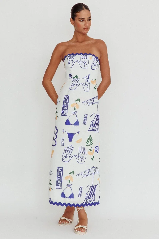 Women's Chic Maxi Dress-Cypress Graphic Strapless Maxi Dress White