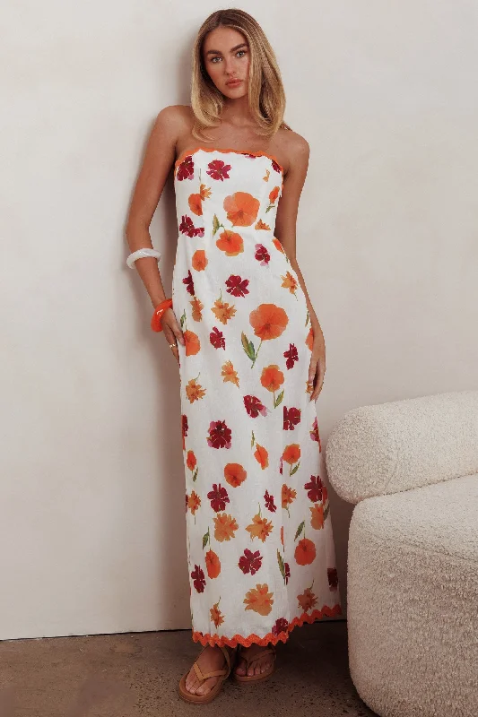 Women's White Maxi Dress-Cypress Ric Rac Trim Floral Strapless Maxi Dress Orange Multi