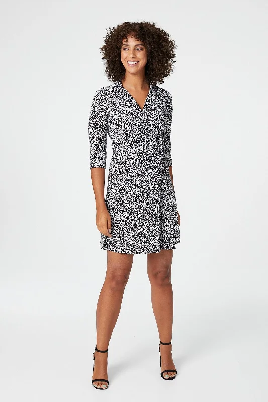 Casual Midi Shirt Dress-Animal Print Wrap Short Dress