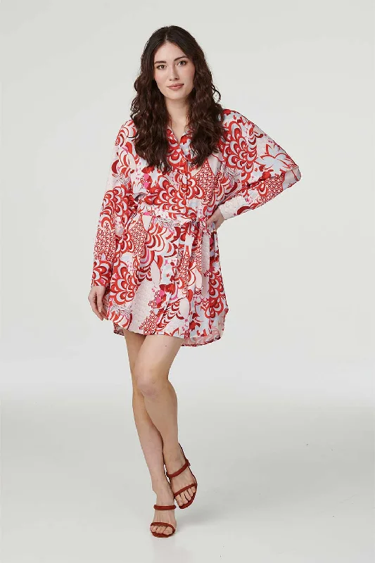 Comfortable Office Shirt Dress-Retro Floral Mini Shirt Dress