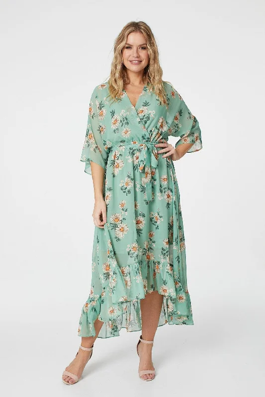 Wrap Dress with High Slit -White Wrap Dress for Wedding -Floral 3/4 Sleeve Midi Wrap Dress Wrap Dress with High Slit -White Wrap Dress for Wedding -Floral 3/4 Sleeve Midi Wrap Dress