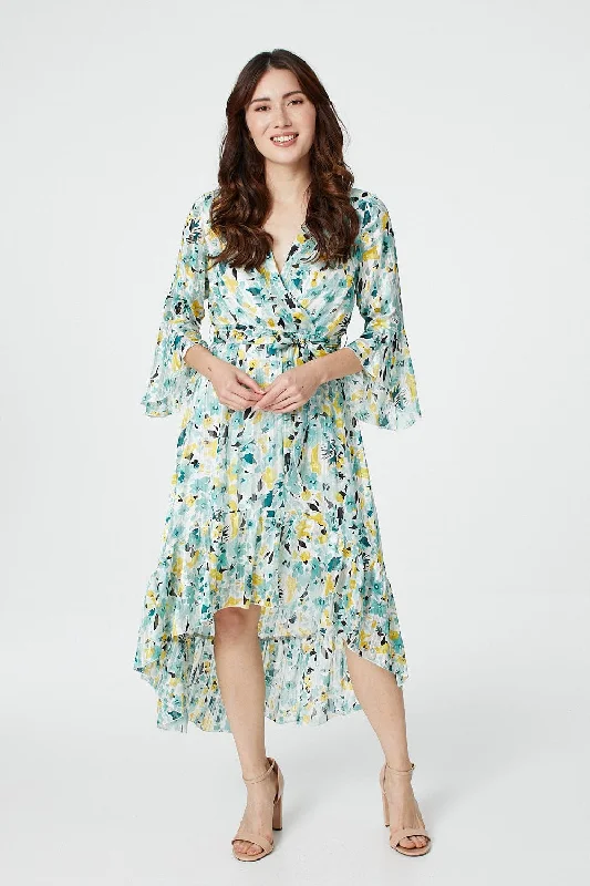 Floral Wrap Dress with Tie Detail -Blue Wrap Dress for Wedding -Floral 3/4 Sleeve Wrap Dress
