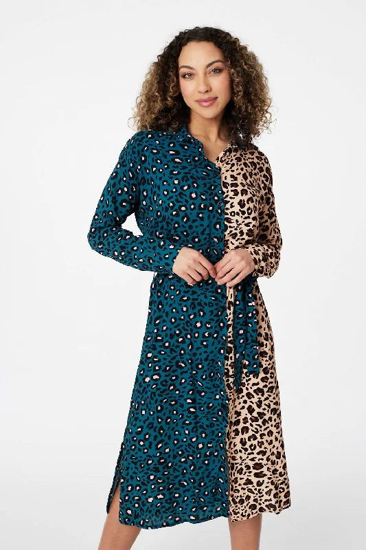 Sleeveless Cotton Shirt Dress-Animal Print Colour Block Shirt Dress