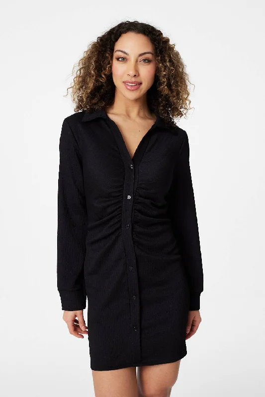 Midi-length Denim Shirt Dress-Ruched Button Front Shirt Dress