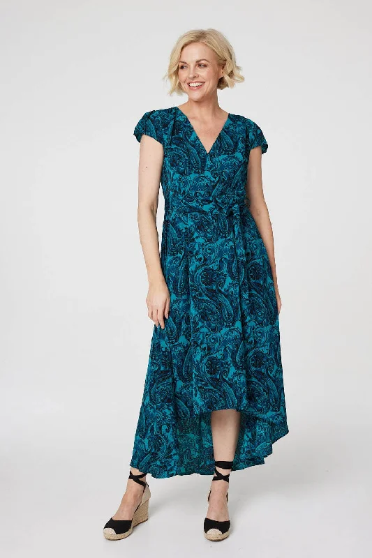 Plus-size Wrap Dress for Spring -Navy Wrap Dress -Paisley Print High Low Wrap Dress Plus-size Wrap Dress for Spring -Navy Wrap Dress -Paisley Print High Low Wrap Dress