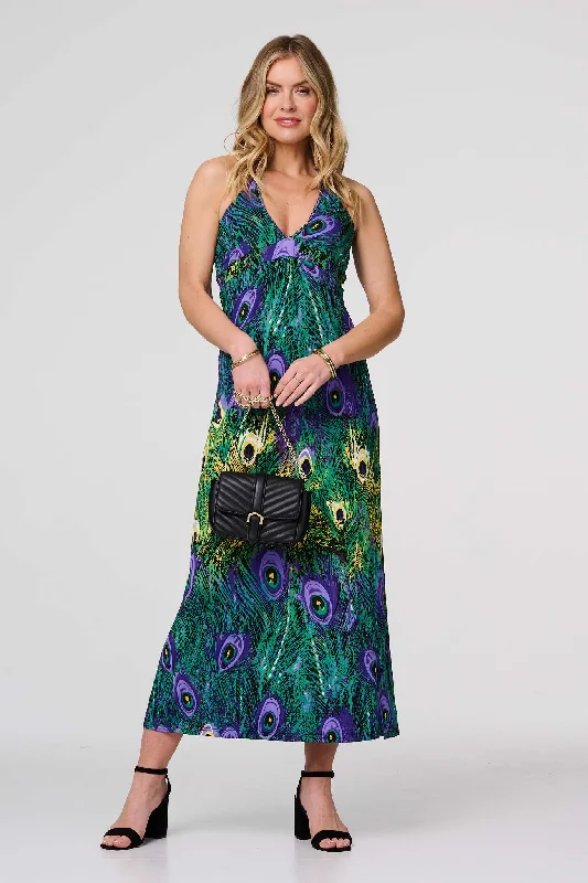 Women's Midi-length Maxi Dress-Peacock Print Halterneck Maxi Dress