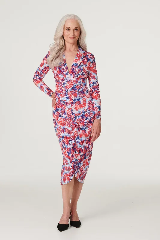 Women's Satin Red Bodycon Dress -Leaf Print Bodycon Midi Dress